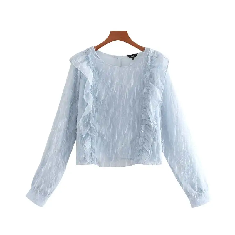 Vadim women chic tassel patchwork crop top ruffles long sleeve back buttons shirts female cute short blouse blusas LB687 - Цвет: as picture