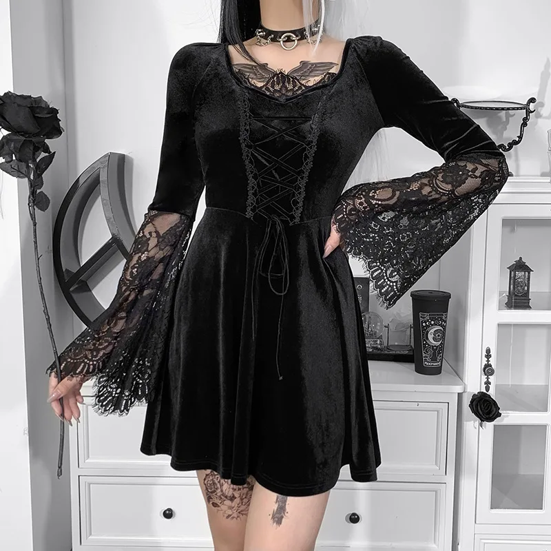 

Mandylandy Women's Vintage Dark Gothic Lace Hollow Out Bandage Velvet Dress Ladies Fashion Long Sleeve V Neck Cosplay Dress