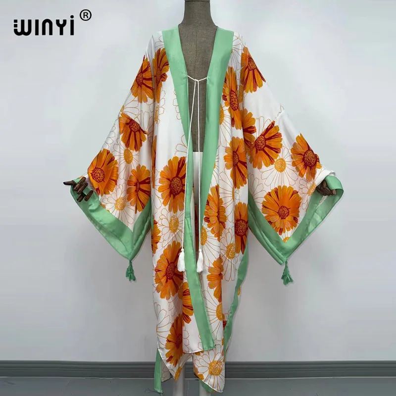 Женское Хлопковое платье-кимоно с принтом в стиле бохо