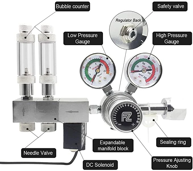 FZONE Pro Series-regulador de CO2 de doble etapa para acuario, presi&oacute;n de salida ajustable con solenoide de CC y alta precisi&oacute;n integrada-2