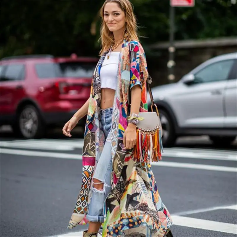 2020 богемная летняя пляжная одежда с принтом и коротким рукавом длинное кимоно