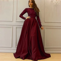 burgundy muslim satin evening dress with long sleeves appliques prom dress dubai ormal dress saudi arabic plus size gowns