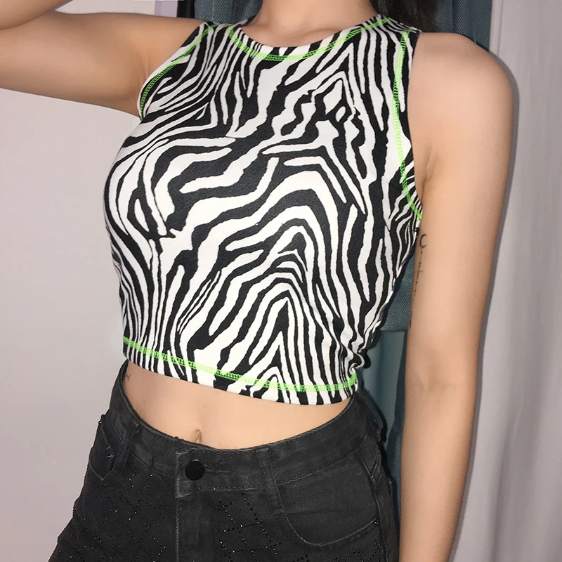 Майка без рукавов с рисунком зебры женская сексуальная укороченная летняя