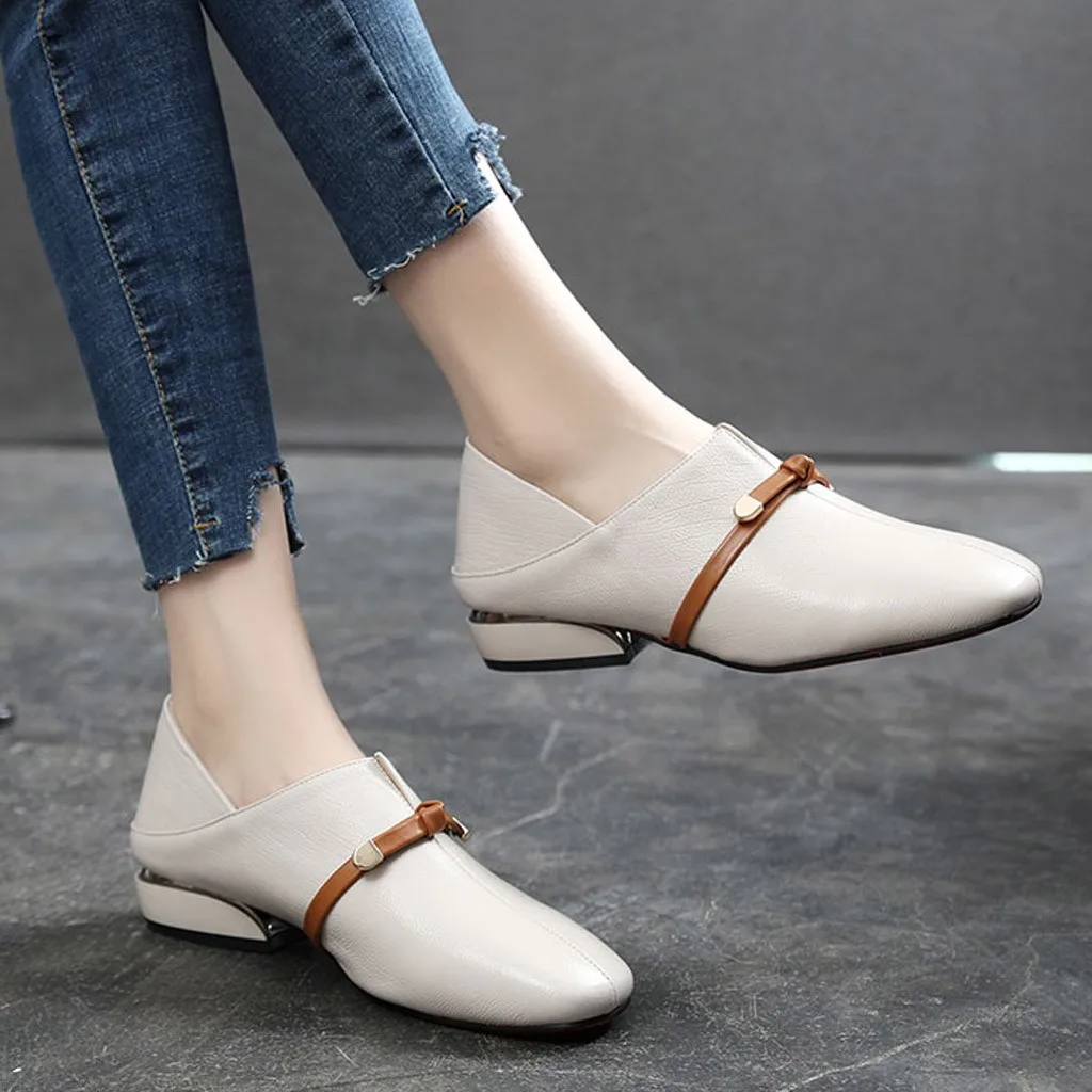 

Women British Single Shoes Shallow Mouth Small Shoes Mid Heel Shoes Spring Square Toe Woman Soft Leather Bullock Women Shoes