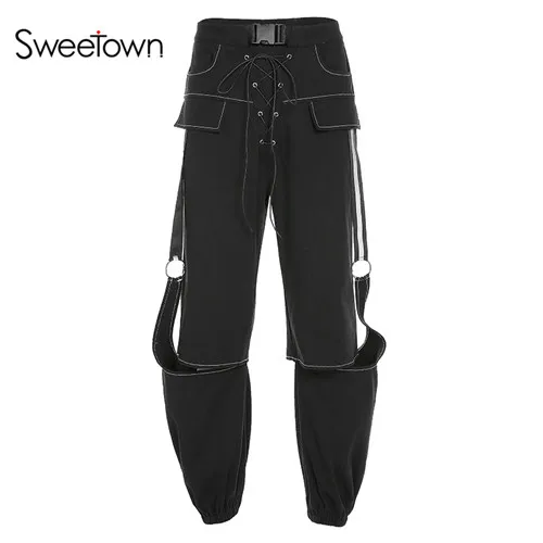 black Sweetown черного цвета в стиле панк женские брюки-карго с вырезами под кожу змеи, на шнуровке, в готическом стиле, на открытом воздухе, брюки свободного покроя Лоскутная лента карманы со штанами с пряжками в уличном стиле - Цвет: black