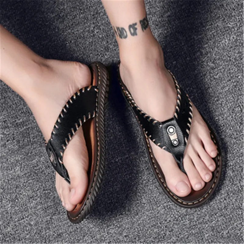 

Brand Men Handmade Sewing Slippers Soft PU Leather Beach Flip Flops Male Summer Flat Shoes Non-slip Mens Indoor Outdoor Sandals