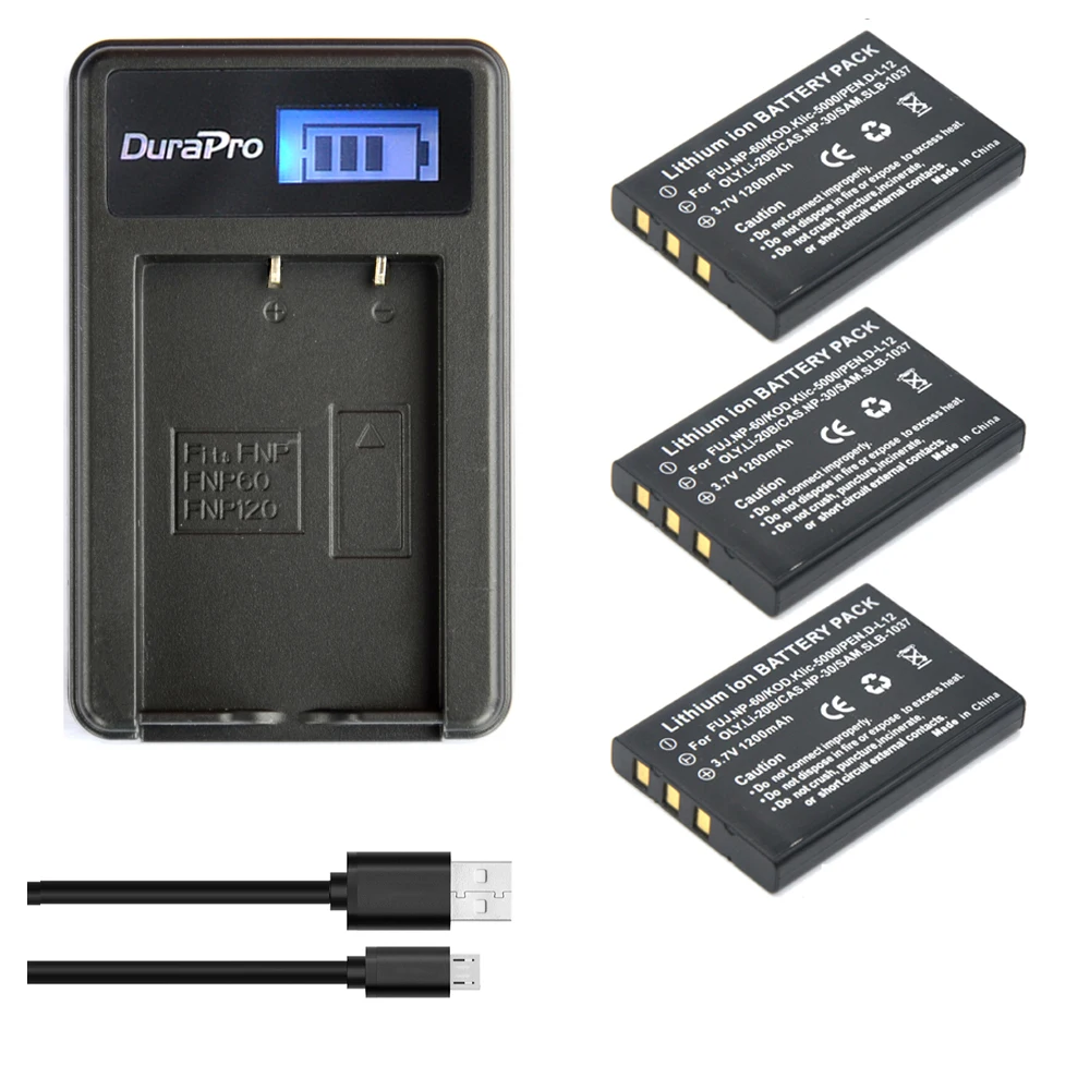 3 шт. 1200 мАч NP-60 NP 60 NP60 батарея + ЖК-зарядное устройство USB для Samsung SLB-1037 Fujifilm Kodak KLIC-5000
