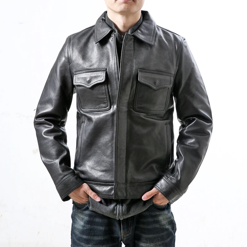 

Fashion Men's Slim Black Cow Short Lapels Jacket Autumn and Winter Male Genuine Leather Coat