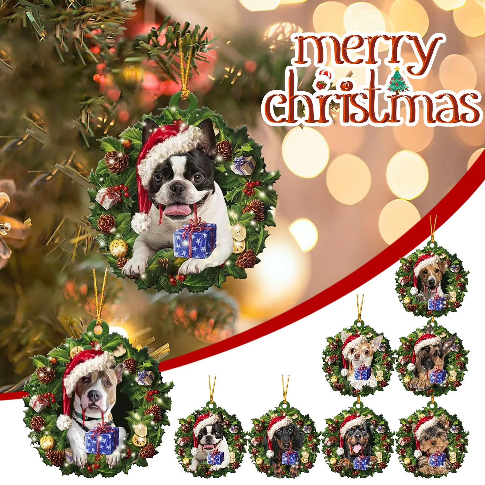 

8PCS Wooden Mini Dog Wreath Christmas Hanging Pendants Personalized Family Navidad Party Xmas Christmas Tree Decoration A40
