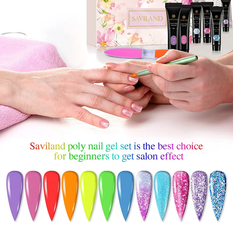 Набор гелей для ногтей Saviland Neon Poly набор наращивания с блестками неоновый 12 цветов