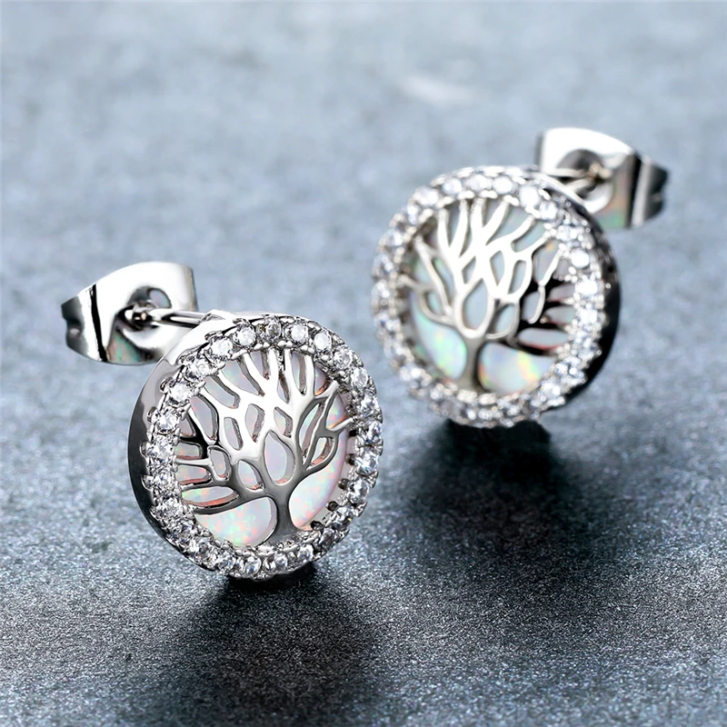 

Vintage Female Blue Opal Stone Earrings Cute Silver Color Small Stud Earrings Dainty Life Tree Zircon Wedding Earrings For Women