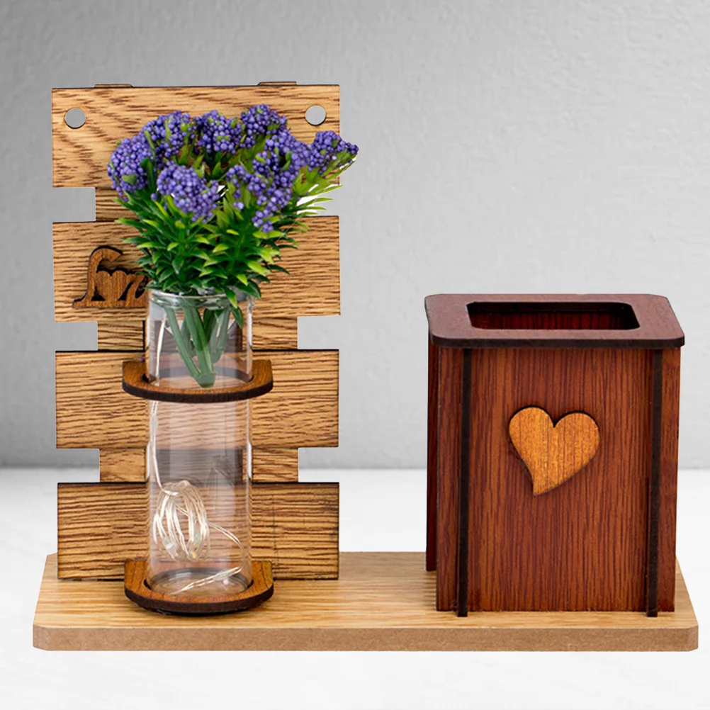 

1 Set LED Light Simulation Flower Wooden Pen Box Decorative Desk Organizer Fashion Creative Storage Box (Random Color)