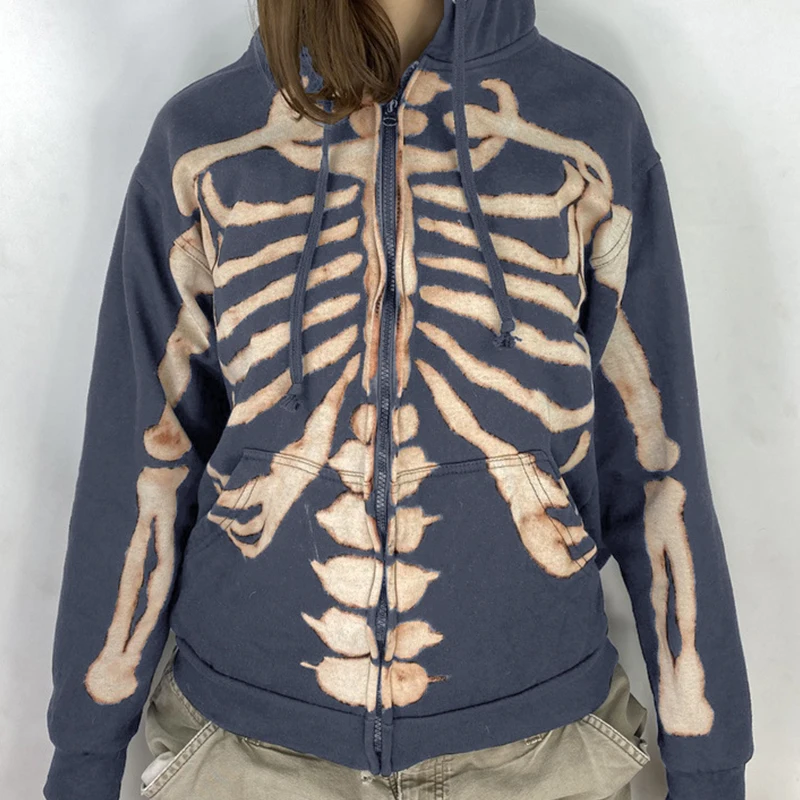 

Skulls Print Goth Hoodies Women Vintage Zip Up Sweatshirt Winter Jacket Clothes Pockets Long Sleeve Hooded Pullovers