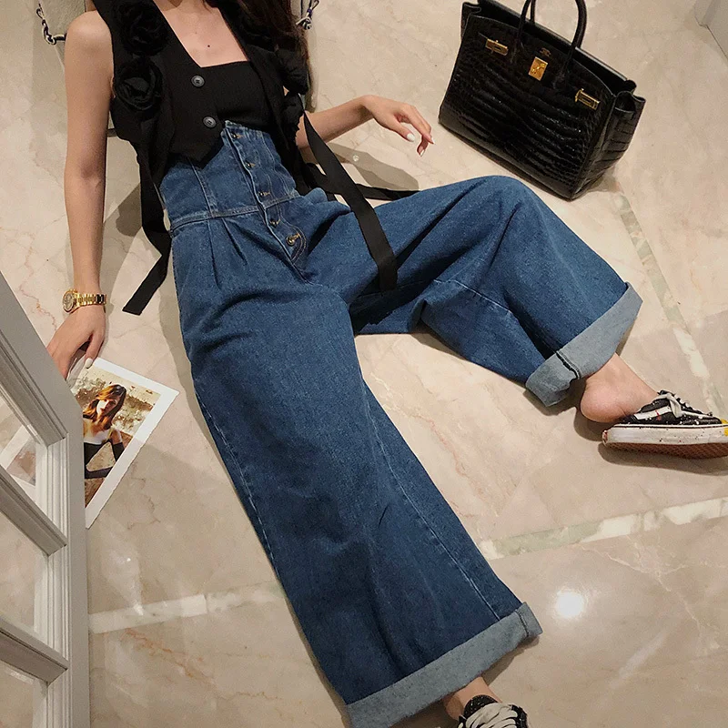 blue SHENGPALAE длинные джинсы с карманами и пуговицами Hhigh Waist свободные широкие женские брюки Новинка весна осень плюс корейский стиль FS491 - Цвет: blue