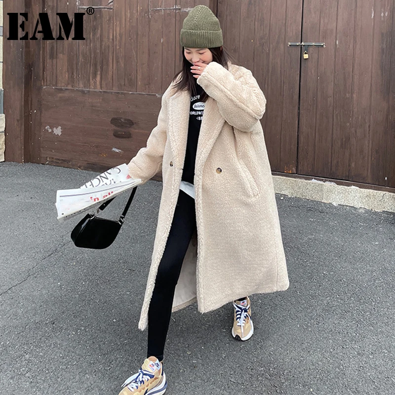

[EAM] Loose Fit Apricot Lambswool Big Size Warm Woolen Coat Parkas New Long Sleeve Women Fashion Tide Autumn Winter 2022 1DE4423