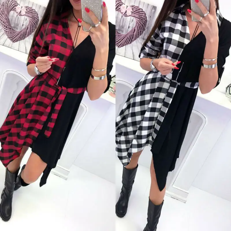 Женское платье-рубашка в клетку с длинным рукавом и v-образным вырезом | Женская