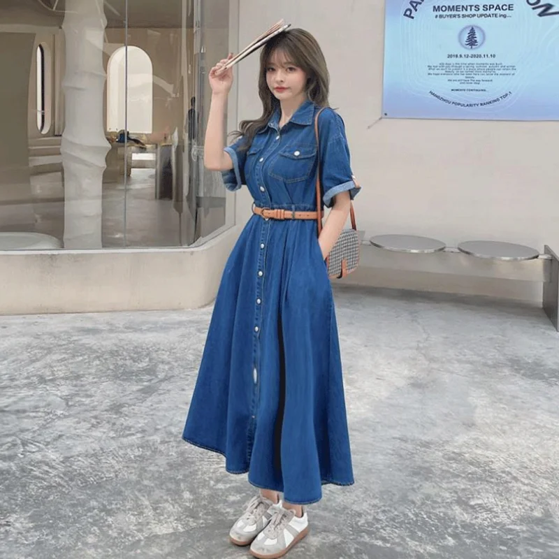 

Long Denim Women dress summer Short-Sleeved Maxi Ankle-Length 2021 new retro waist was thin temperament A-line shirt skirt