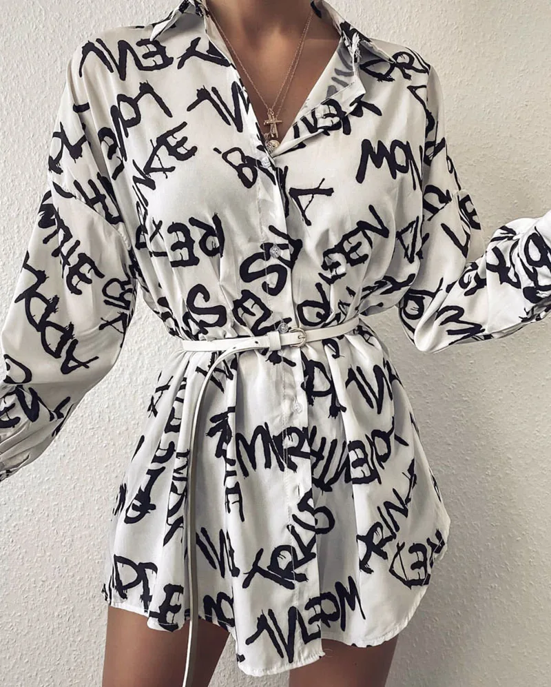 Женское платье-рубашка с принтом белое Повседневное платье длинным рукавом зима