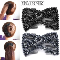 magic twist rhombus beads hair side combs pearl stretchy beaded hairpin bow double stretching hairstyle clip for women