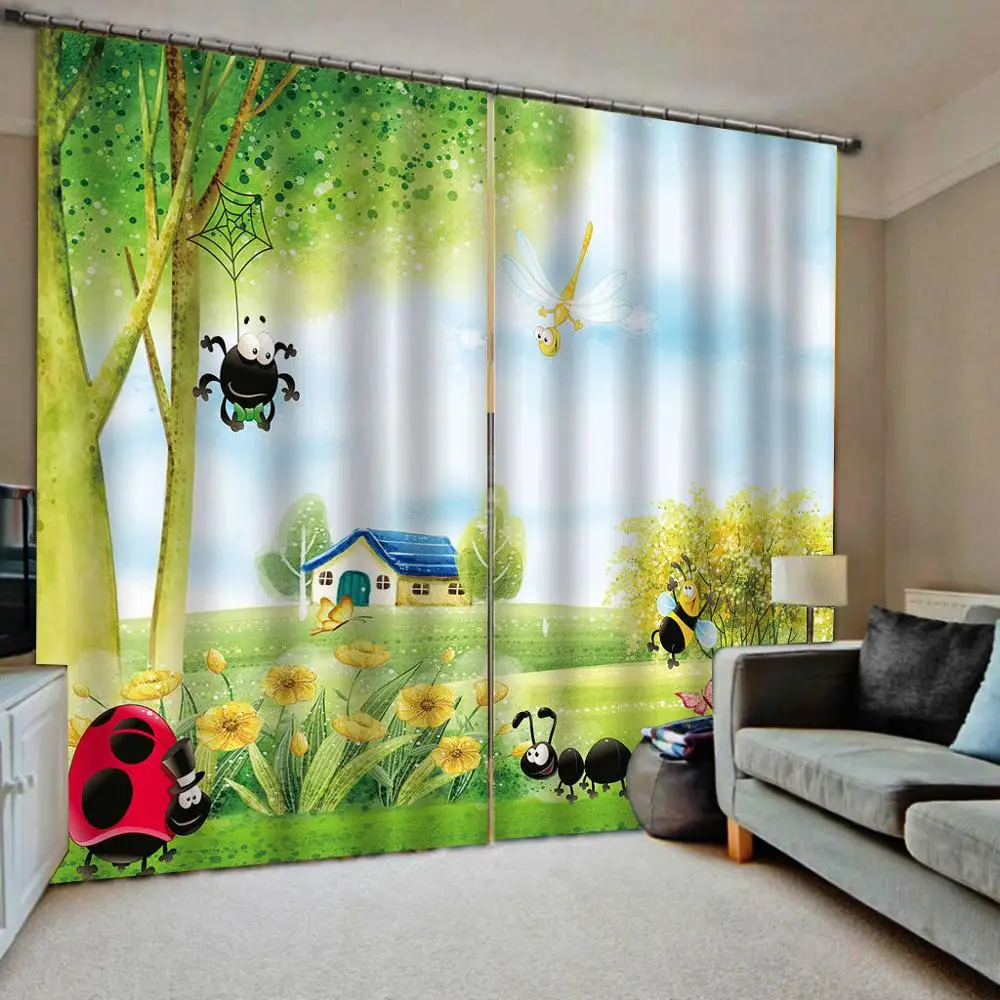 Cartoon Indoor Decor Large Window Small House under Tree and spider on Light Curtain For Living room Bedroom Drapes Sets | Дом и сад
