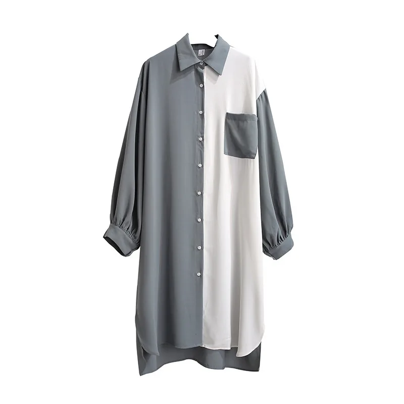 [EWQ] контрастное маленькое длинное платье-рубашка с карманом корейское свободное