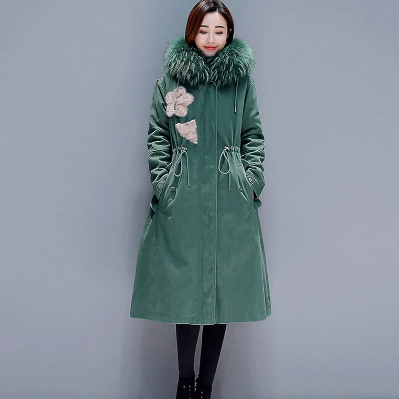 Новинка 2020 женские пальто длинные парки большой размер зеленый меховой воротник