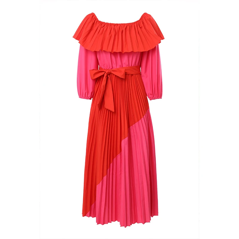 

Bohemia Ruffles Pleated Off Shoulder Dress Elegant Women Sashes Lace Up Patchwork High Street Long Backless Casual Boho Dress