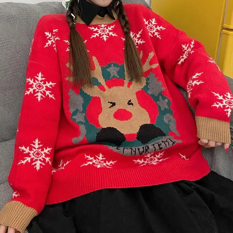 

New Ins Winter Women's Trendy Knitted Sweater Jacket Thick Top Net Red Deer Jacquard Loose Street Cute Women's Clothing