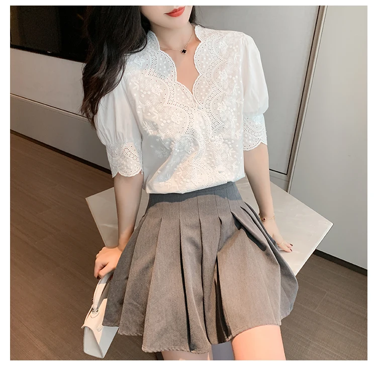 

2021 NEW Casual White Tops Embroidery Lace Spring Femme Shirt Girls Blouse Women Short Sleeve Linen Cotton Plus Size Women
