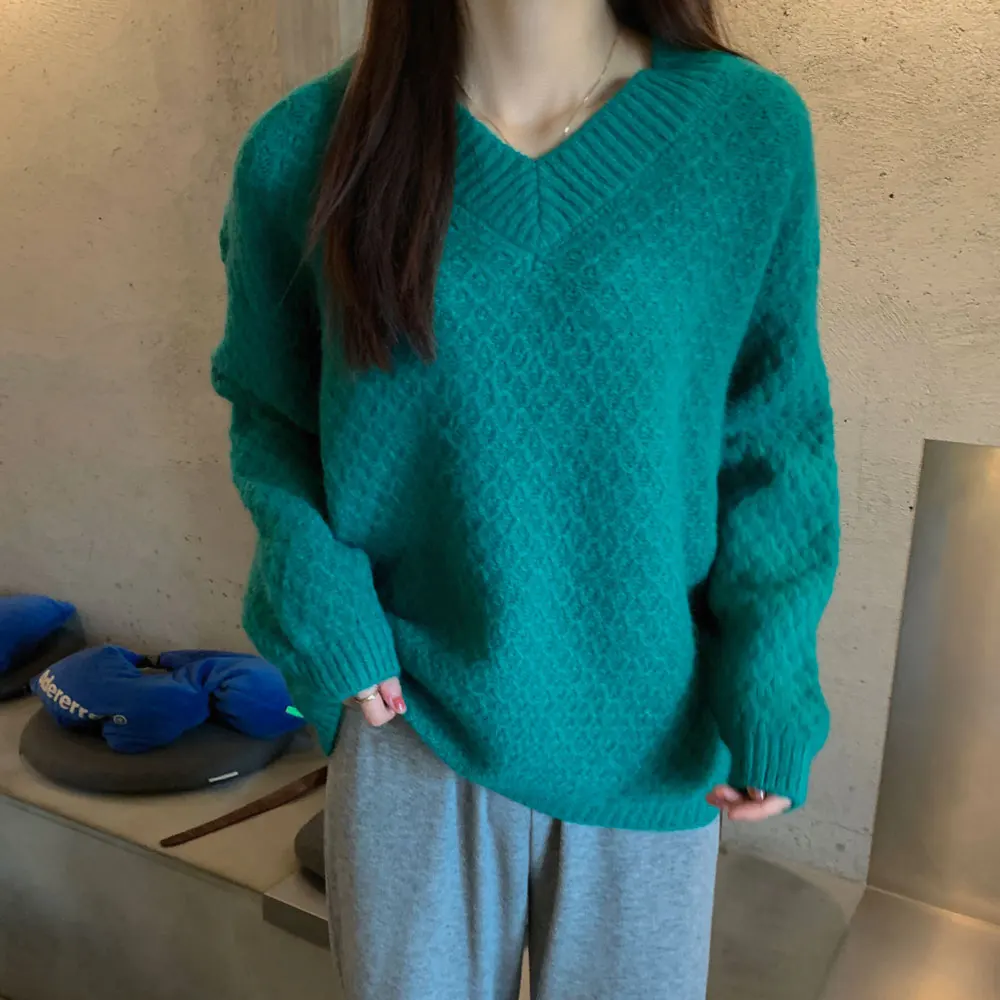 

Vintage warm V-neck Sweater Blouse Female Oversize Loose Sweater Knitted Pullover Women Tops Winter 2021 New 070B