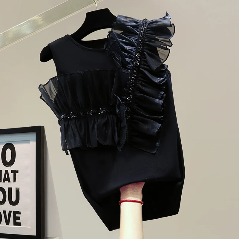 

Beads Sleeveless Vest 2021 Summer Korean Style Flounce Sequins Solid Color Casual Stretch T-shirt Women Loose T Shirt Girls Tees