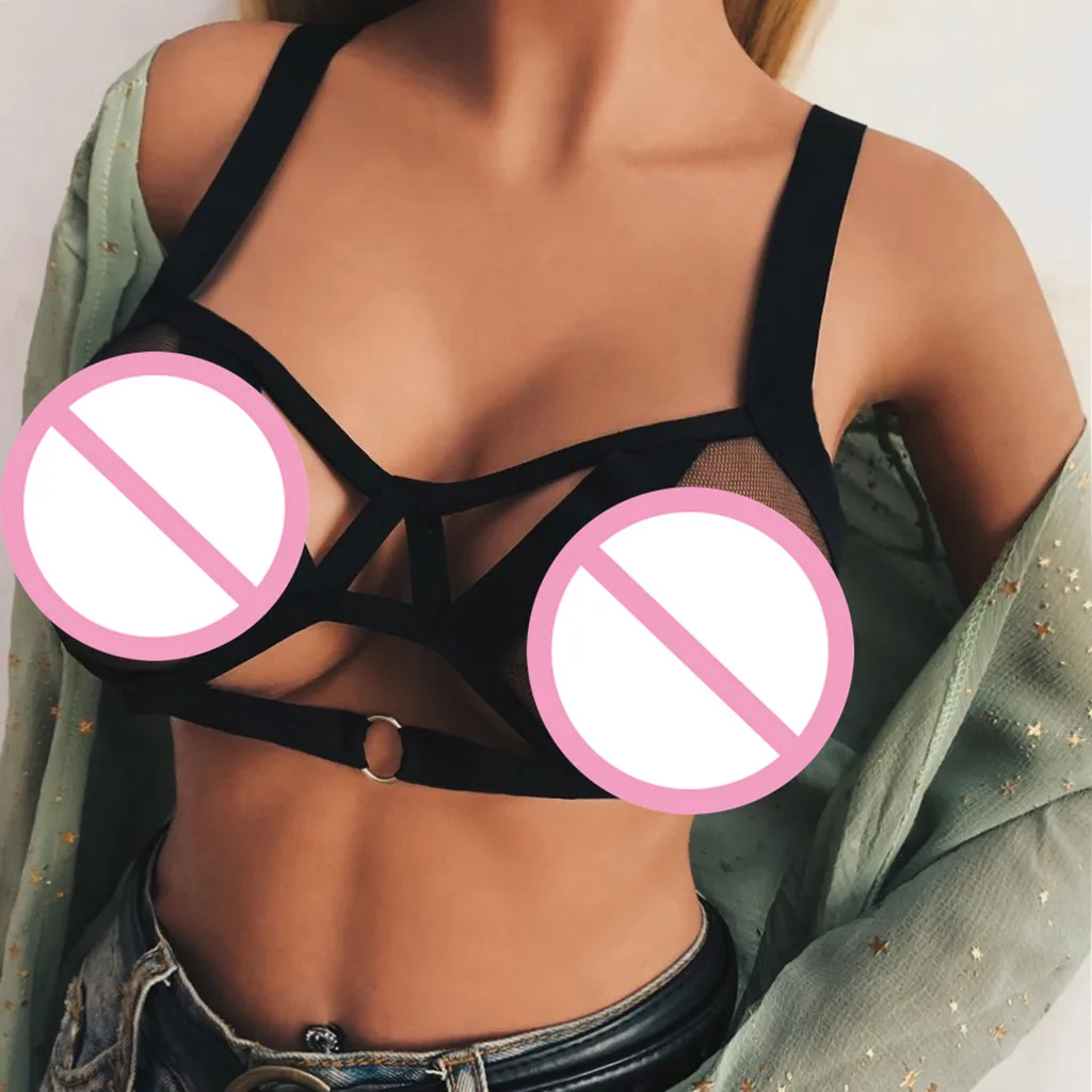 

2020 New Ladies Lace Deep V Mesh Bra Alluring Women Cage Bra Elastic Cage Bra Strappy Bandages Hollow Out Bra Bustier