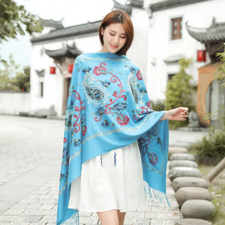 Hot New Ladies Scarf Autumn And Winter National Wind Cashew Embroidery Tassel Imitation Cashmere Shawl Travel Warm Dual Purpose |