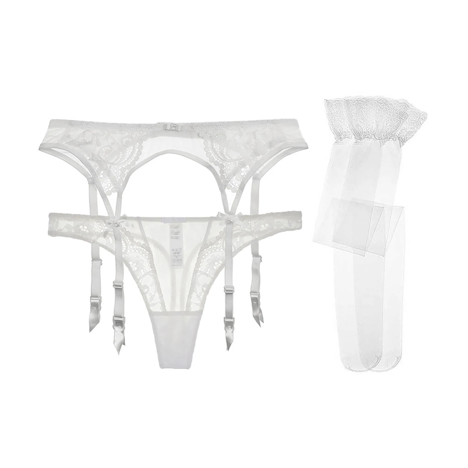 Varsmiss Women's Sexy Red And Black Lace Bow Underwear 3 Pcs/Lots Garters+Thongs+Stockings For Lady