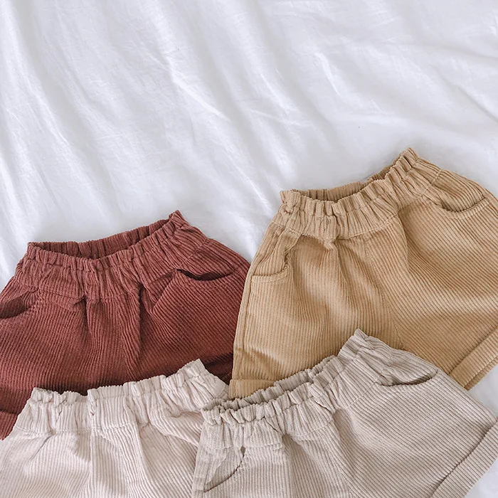 Осенние милые повседневные вельветовые шорты для девочек детские однотонные