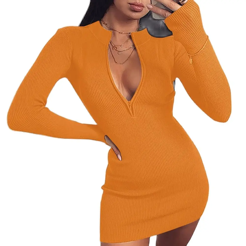 

Соблазнительные платья в рубчик для женщин, весна-осень 2021, однотонные облегающие мини-платья на молнии с глубоким V-образным вырезом и длин...