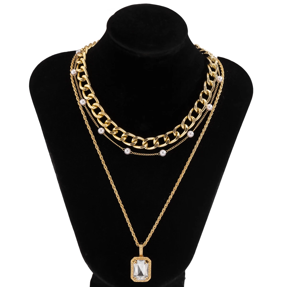 

IngeSight.Z 3Pcs/Set Thick Miami Curb Chain Imitation Pearl Choker Necklace Rhinestone Crystal Square Pendant Necklaces Jewelry