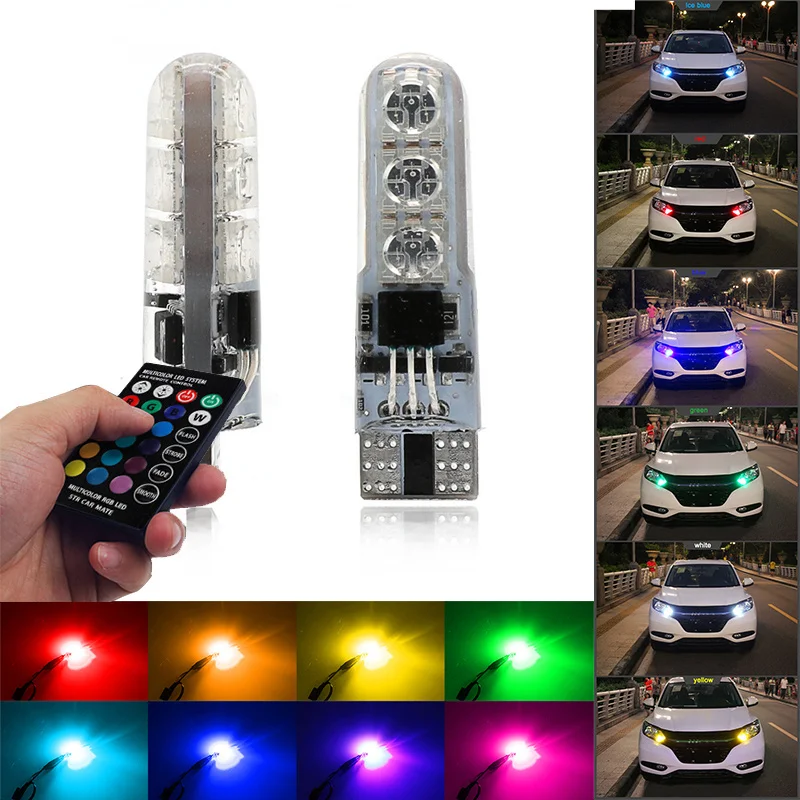 

T10 W5W 194 5050 LED RGB Lights Car Interior Wedge Side Signal Clearance Remote Control Bulbs Multi-Color Lamps Kit