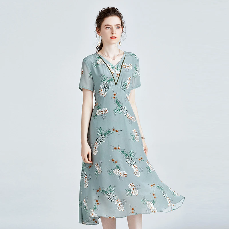 

100% Silk Women's Dresses V Neck Short Sleeves Ruched Floral Printed Fashion Mid Casual Dresses