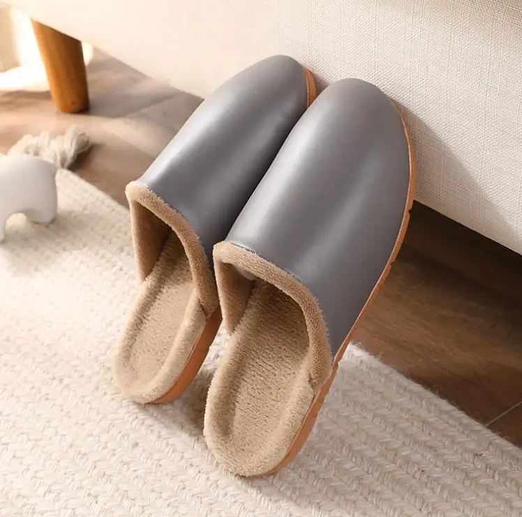 

2020 New Pure Color Family Slippers Pu Leather Couples Warm Slippers Indoor Casual Slippers 2022uu25