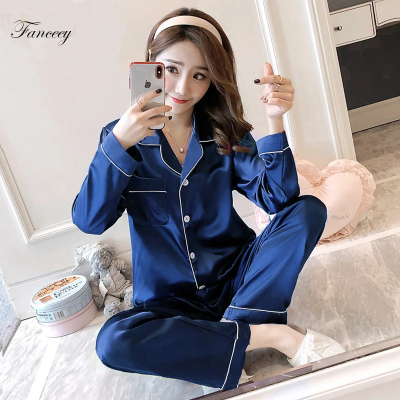 

Fanceey Sexy Silk Satin Women's Pajamas Sets Sleepwear Women Printed Long Sleeve Nightie Trouser Suits Home Clothes Loungewear
