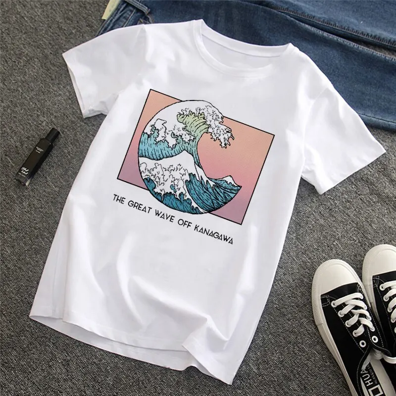 Harajuku Men's Tshirt Van Gogh Oil Print Wave Funny Print Unisex Short Sleeved T-Shirt Female Tops Wave T Shirt Men
