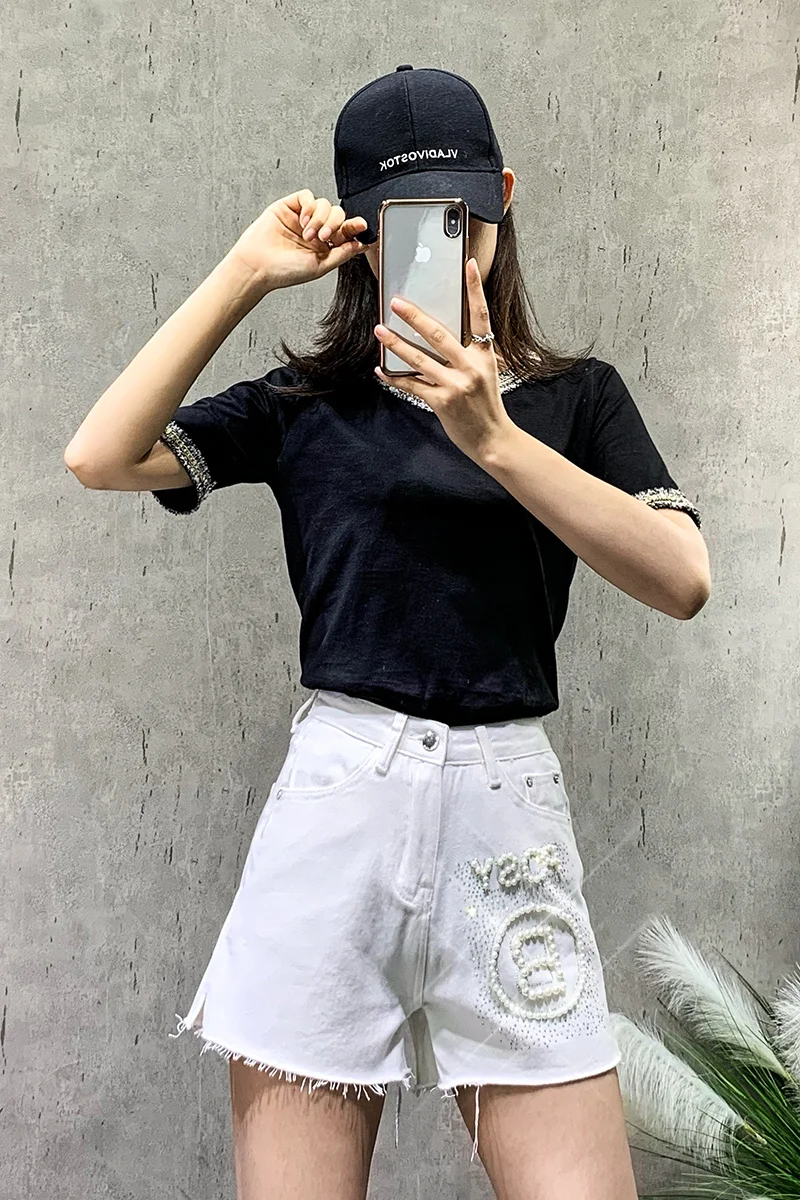 

Beaded Rhinestone Denim Shorts Women's Summer 2021 High Waist Slimming Wide Leg Denim Pants Lady A Line Hot Jeans
