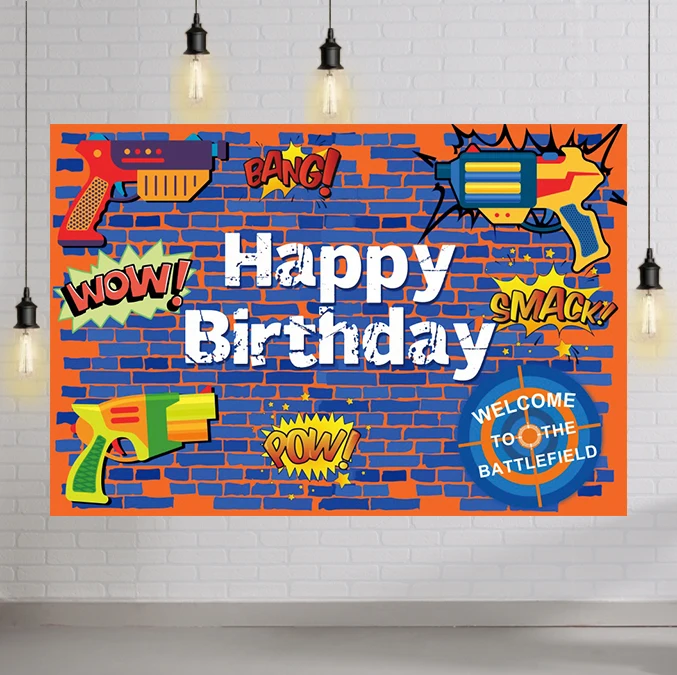 

Happy Birthday Cartoon Toys Wall Background Photography Welcome To The Battlefield Shoot Race Game Party Backdrops Wall Posters