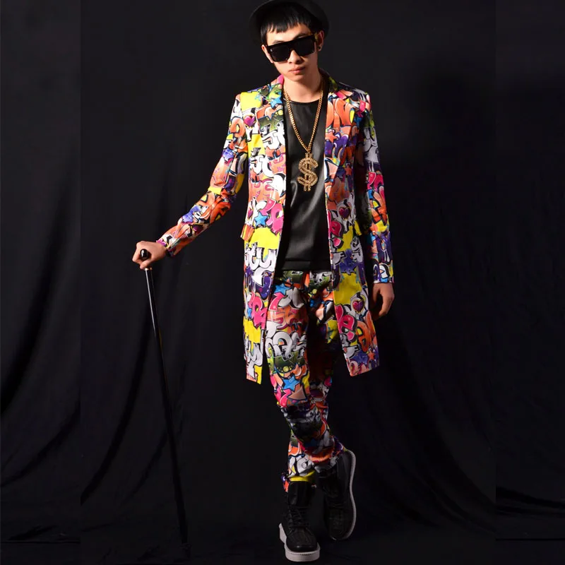 

Костюмы на заказ, мужские Модные повседневные длинные блейзеры в стиле хип-хоп, куртка, пальто, Мужская сценическая одежда, костюм для ночно...