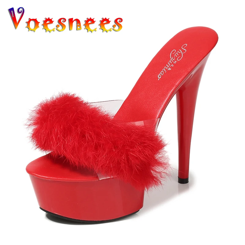 

Voesnees Slippers with fur 2021 Summer High Heels 15 cm Sexy Platform Shos Thin Heels Solid Color Female heel Slippers stripper