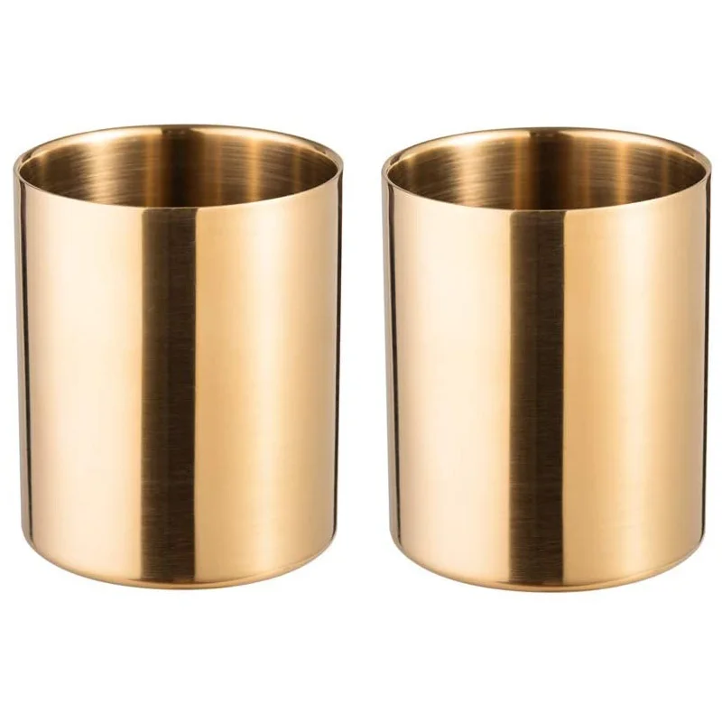 

2-Piece Pencil Cup Holder Pen Pot Makeup Brushes Holder Desk Stationery Organizer Stainless Steel (Gold)