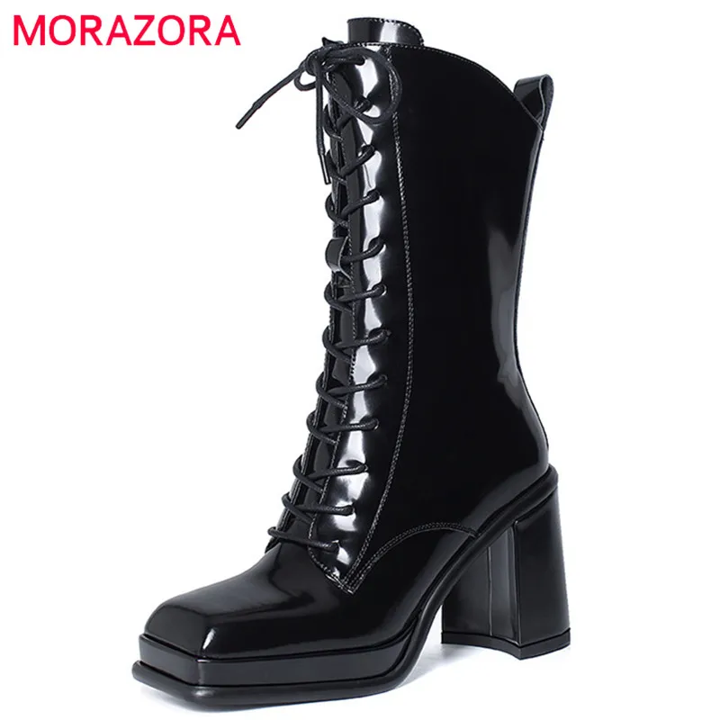 

MORAZORA 2022 New Arrive Mid Calf Boots Women Genuine Leather Shoes Square Toe Cross Tied High Heels Platform Boots Female