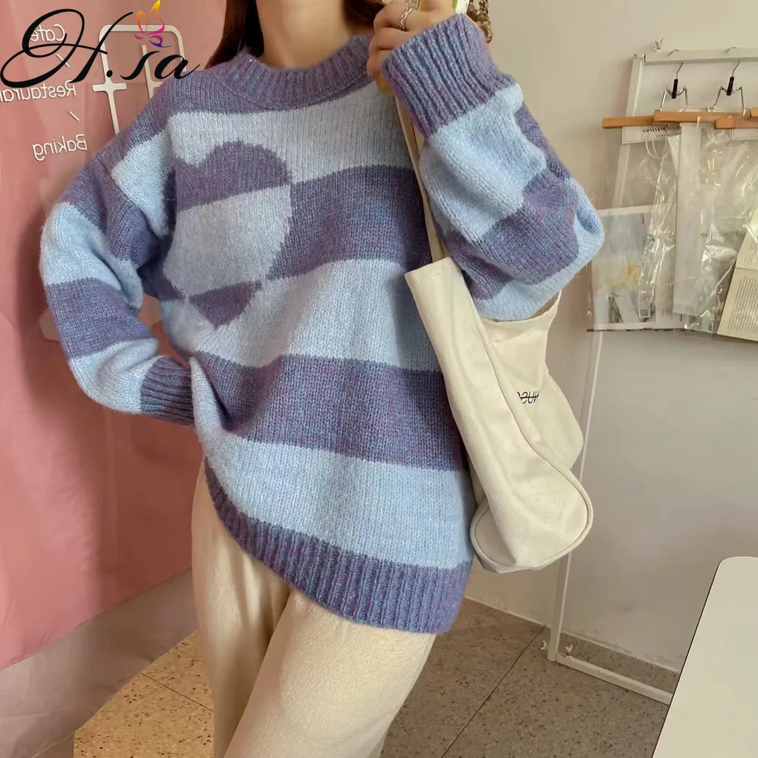 

Hsa Striped Pullover Sweater Women's Fall Fashion Knitted Korean Jumpers Purple Sweater Jumper Loose Sweater Outer Wear Chic Top
