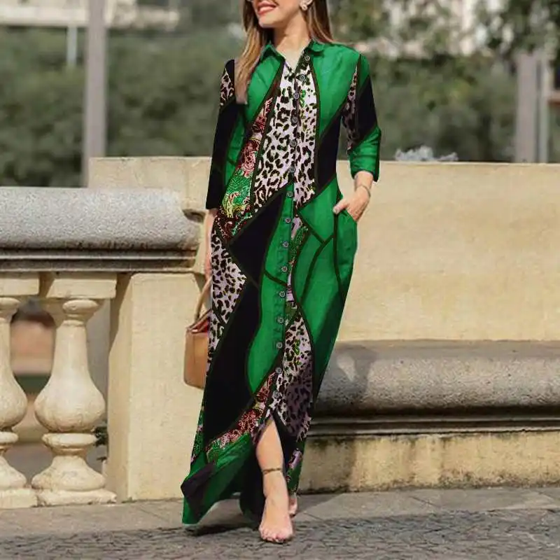 

Autumn Elegant Shirt Dress 2021 VONDA Women Long Maxi Dress Ladies Office Sundress Long Sleeve Vestidos Oversized Robe Femme